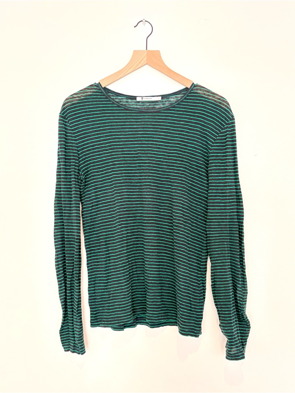 t by alexander wang sheer linen long sleeve top - thin green stripes - S